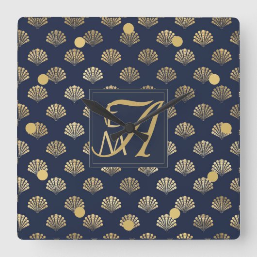 MonogramアールデコシェルズNavy Blue金ゴールドNewlyweds スクエア壁時計 (正面)