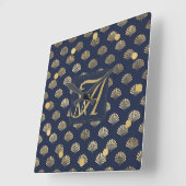 MonogramアールデコシェルズNavy Blue金ゴールドNewlyweds スクエア壁時計 (傾斜)