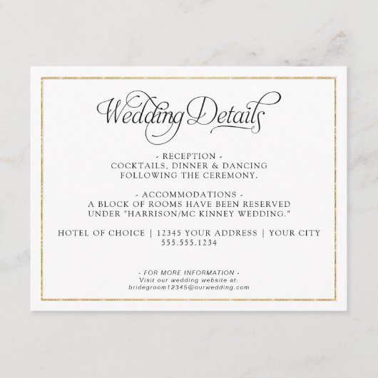 Monogramエレガントスクリプト金ゴールド結婚の詳細 エンクロージャーカード (正面)