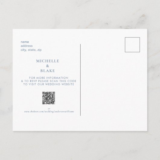 Monogramシンプルペリウィンクル日付を保存QR 案内ポストカード (裏面)