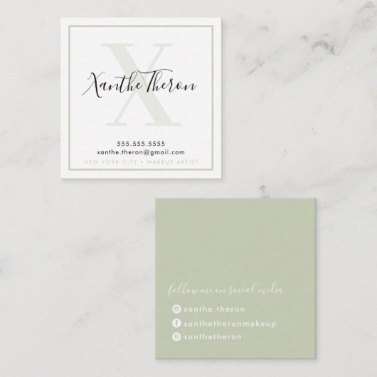 MONOGRAMスクリプエレガントトモダンミニマルセージ緑 スクエア名刺 (正面/裏面)