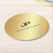 Monogramテンプレートモダンフェイク金ゴールド ラウンドペーパーコースター (アングル)