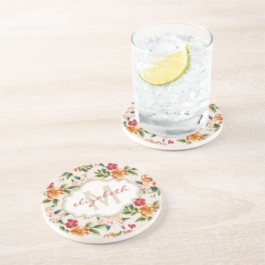 Monogramヴィンテージ水ビクトリアン色フローラ コースター (側面)