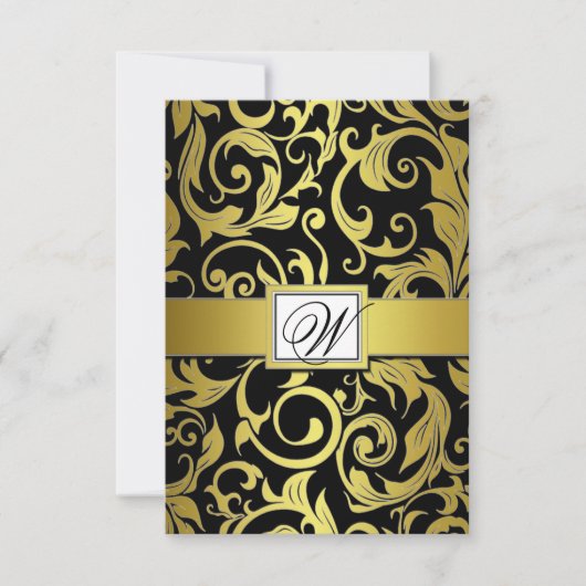 Monogram金ゴールドとBlack Damaskの結婚式のRSVPカード 出欠カード (正面)