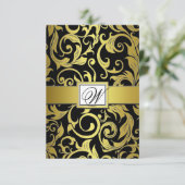 Monogram金ゴールドとBlack Damaskの結婚式のRSVPカード 出欠カード (スタンド正面)
