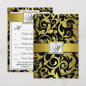 Monogram金ゴールドとBlack Damaskの結婚式のRSVPカード 出欠カード (正面/裏面)
