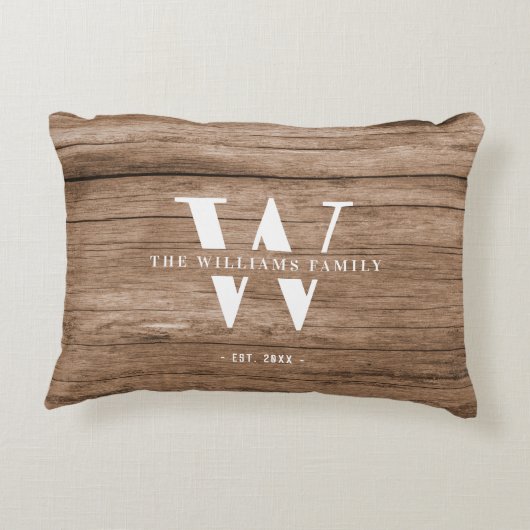 Monogram モダン 素朴 Family NameヴィンテージWood アクセントクッション (裏面)