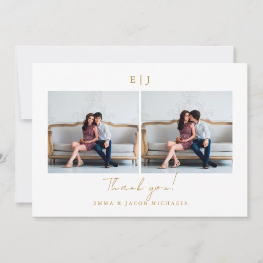 Monogram 結婚's Thank You写真金ゴールド サンキューカード (正面)