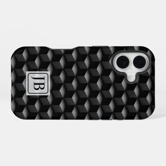 Monogram, 3D Black Geometric Pattern, Modern iPhone 16ケース (裏面横)
