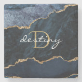 Monogram Agate Geode Navy Blue Gold ストーンコースター (正面)