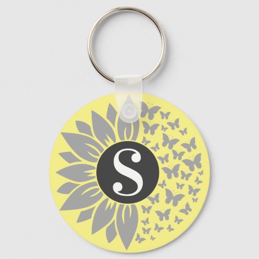Monogram and Name Sunflower and Butterfly Keychain キーホルダー (正面)