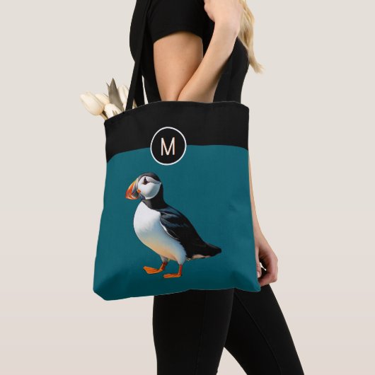Monogram Atlantic Puffin Bird Teal Wildlife トートバッグ (クローズアップ)