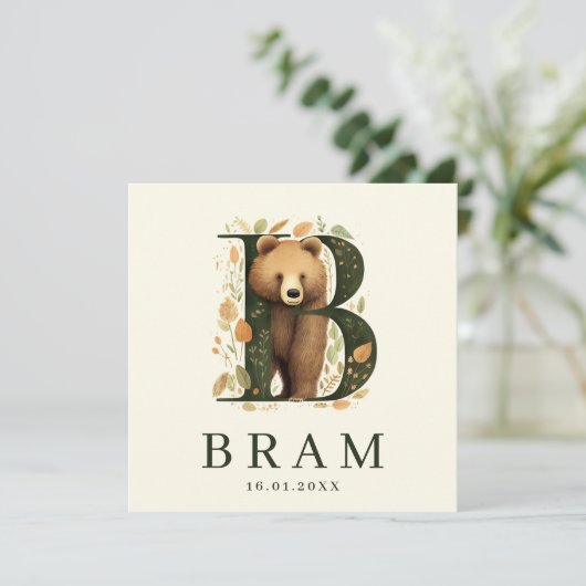 Monogram Beer Groen Bosdier Jongen Geboorte カード (スタンド正面)