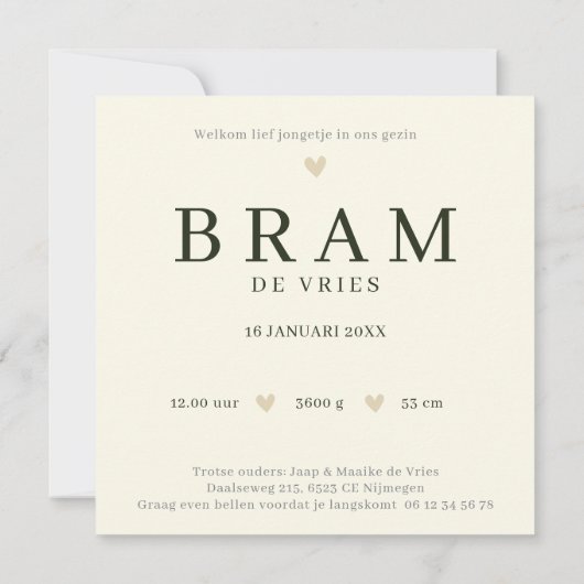 Monogram Beer Groen Bosdier Jongen Geboorte カード (裏面)