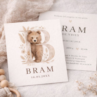 Monogram Beer Neutraaal Bosdier Jongen Geboorte カード