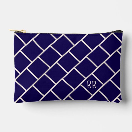 Monogram Beige & Navy Blue Stylish Trellis Pattern アクセサリーポーチ (正面)