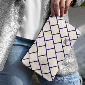 Monogram Beige & Navy Blue Stylish Trellis Pattern アクセサリーポーチ