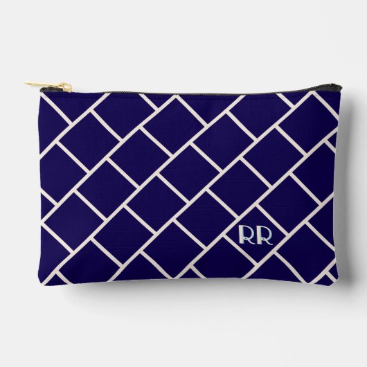 Monogram Beige & Navy Blue Stylish Trellis Pattern アクセサリーポーチ (正面)