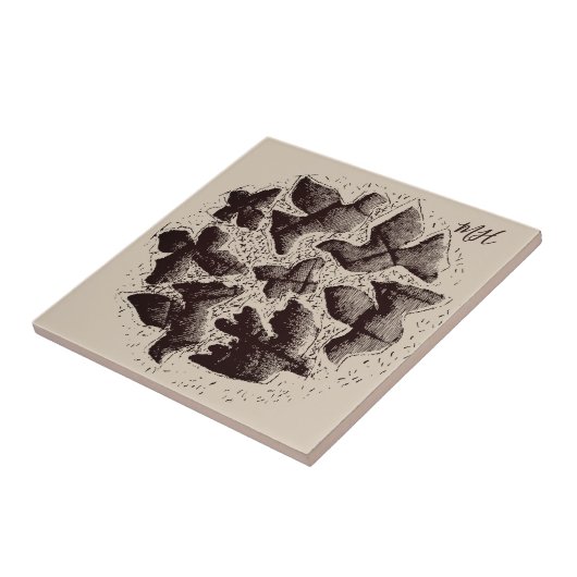 Monogram Bird Butterfly Scandinavian Retro Beige タイル (側面)