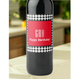 Monogram Birthday, Red Accent Buffalo Check (6) ワインラベル