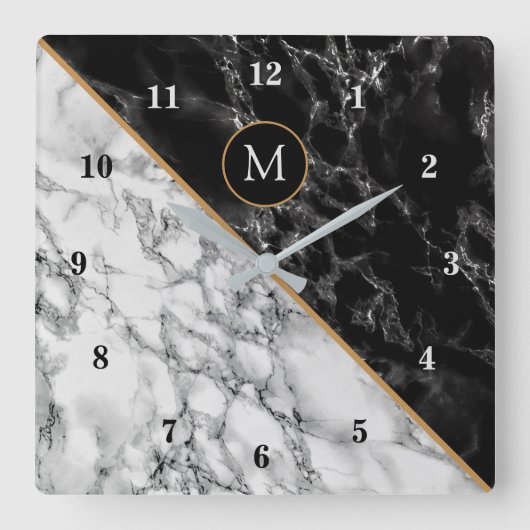 Monogram Birthday Wall Clock Black White Marble スクエア壁時計 (正面)