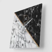Monogram Birthday Wall Clock Black White Marble スクエア壁時計 (傾斜)