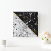 Monogram Birthday Wall Clock Black White Marble スクエア壁時計 (ホーム)