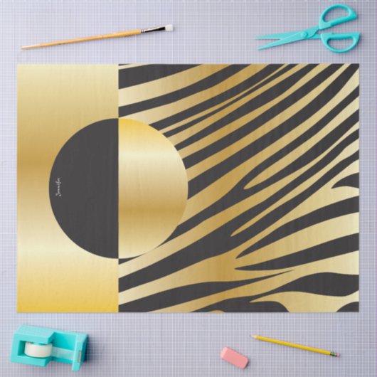 Monogram Black and Gold Striped Zebra Pattern 薄葉紙 (クラフト)