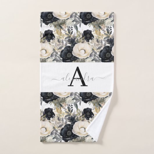 Monogram Black and White Modern Towel Set バスタオルセット (ハンドタオル)
