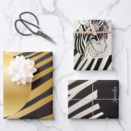 Monogram Black and White Striped Zebra Pattern ラッピングペーパーシート (正面)