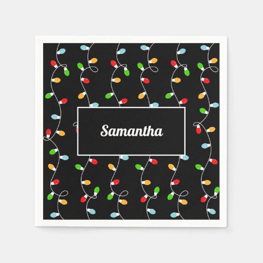 Monogram Black Christmas Lights スタンダードカクテルナプキン (正面)