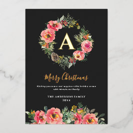 Monogram Black Floral Botanical Wreath Christmas 箔シーズンカード