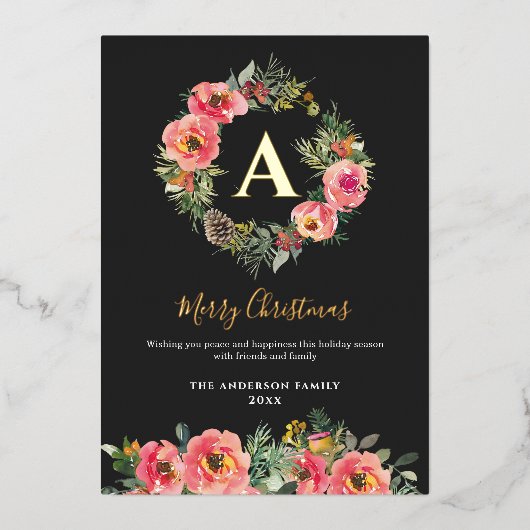 Monogram Black Floral Botanical Wreath Christmas 箔シーズンカード (正面)