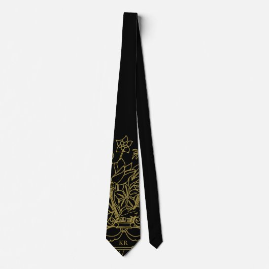 Monogram Black Gold Floral Hand Drawn Line Art ネクタイ (正面)