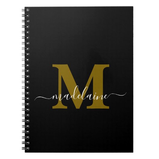 Monogram Black Notebook Custom Initial & Name ノートブック (正面)