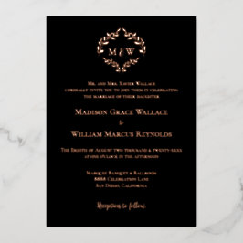 Monogram Black Rose Gold  Luxe Elegant Crest  箔招待状