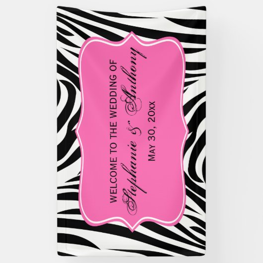 Monogram Black, White and Hot Pink Zebra Wedding 横断幕 (縦)