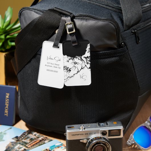 Monogram Black & White Original Stipple Art Floral ラゲッジタグ (正面&裏面)