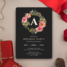 Monogram Black Wreath Botanical Christmas Party  箔シーズンカード