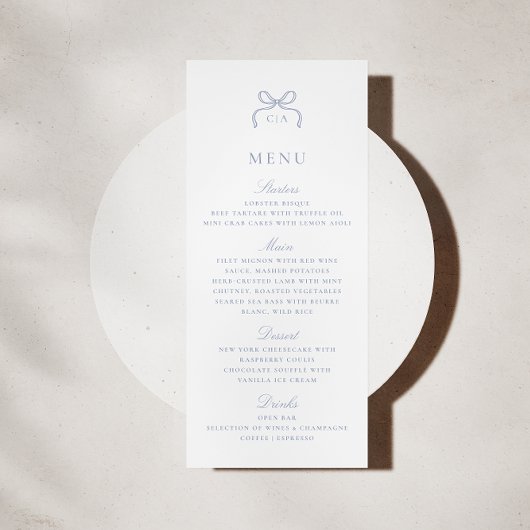 Monogram Blue Bow Wedding Menu Card 招待状