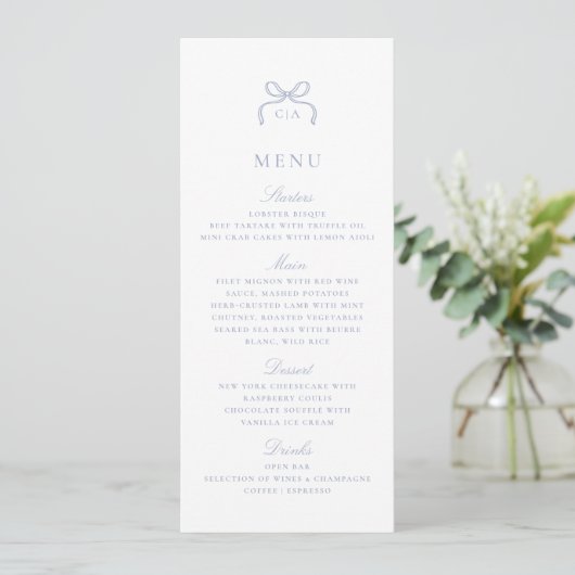 Monogram Blue Bow Wedding Menu Card 招待状 (スタンド正面)