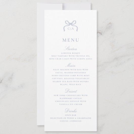 Monogram Blue Bow Wedding Menu Card 招待状 (正面)