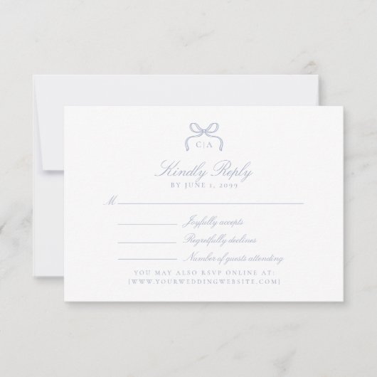 Monogram Blue Bow Wedding RSVP Card (正面)