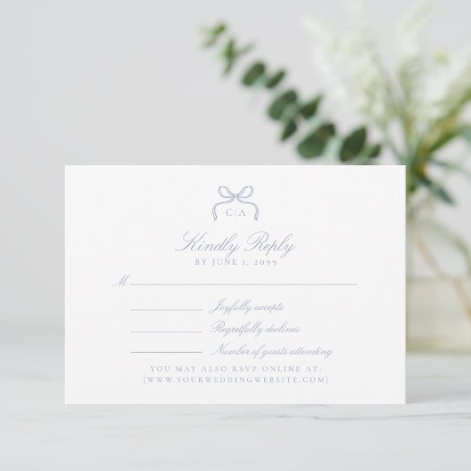 Monogram Blue Bow Wedding RSVP Card (スタンド正面)