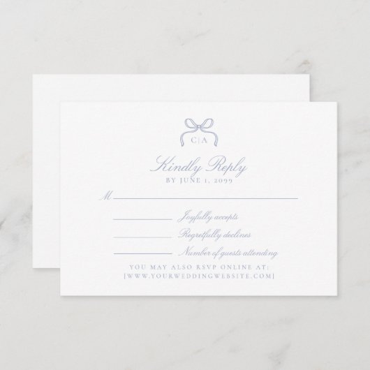Monogram Blue Bow Wedding RSVP Card (正面/裏面)