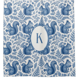 Monogram Blue Chinoiserie Squirrel Woodland シャワーカーテン