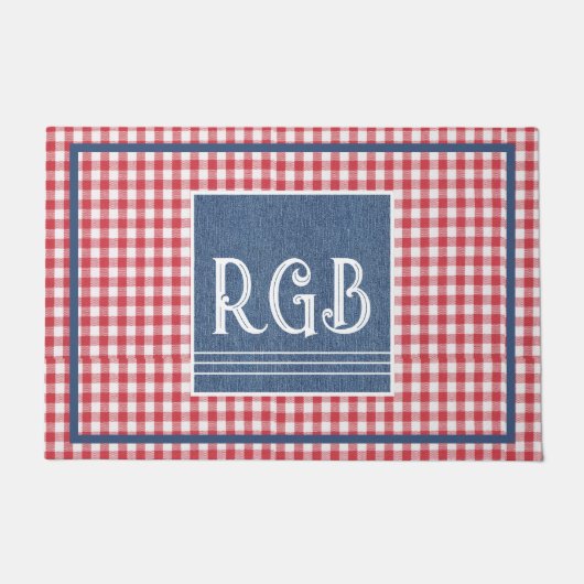 Monogram Blue Denim Red White Check Pattern ドアマット (正面)