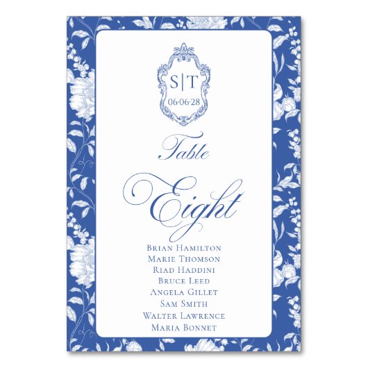 Monogram Blue Floral Script Eight 8 Names テーブルナンバー (正面)