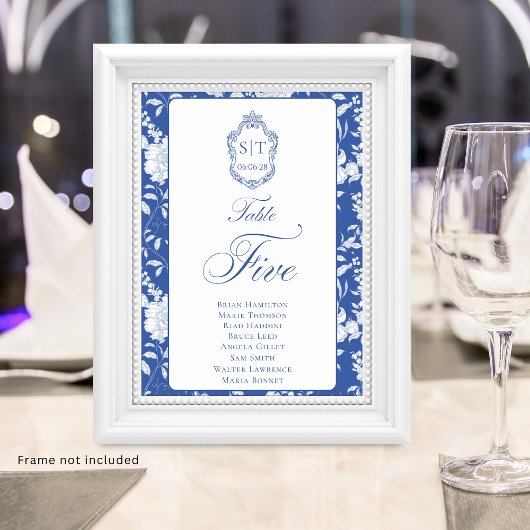 Monogram Blue Floral Script Five 8 Names テーブルナンバー
