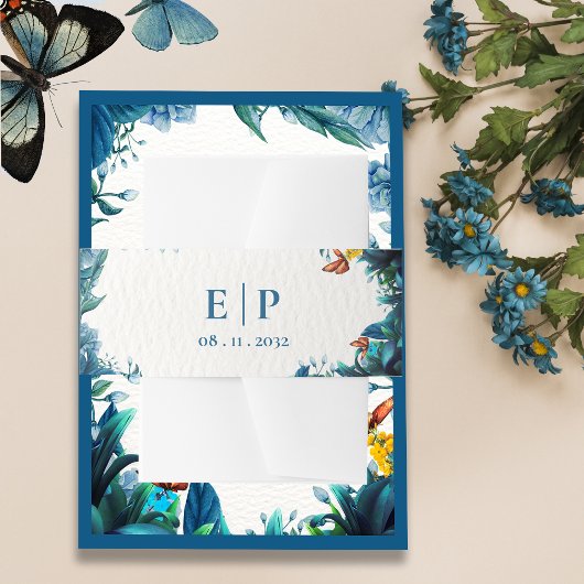 Monogram Blue Green Botanical Butterfly Wedding 招待状ベリーバンド